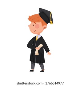 Smiling Boy Character in Academic Gown and Square Cap Cheering About Graduation Ceremony Vector Illustration