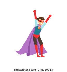Smiling boy character dressed as a super hero standing with his hands raised cartoon vector Illustration