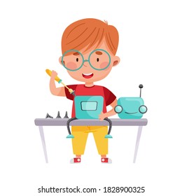 Smiling Boy Character Engineering and Configurating Robot Vector Illustration
