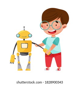 Smiling Boy Character Engineering and Configurating Robot Vector Illustration