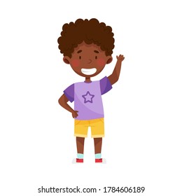Smiling Boy Character Greeting Waving Hand and Saying Hi Vector Illustration