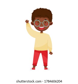 Smiling Boy Character Greeting Waving Hand and Saying Hi Vector Illustration