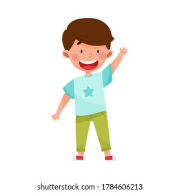 Smiling Boy Character Greeting Waving Hand and Saying Hi Vector Illustration