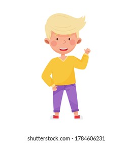 Smiling Boy Character Greeting Waving Hand and Saying Hi Vector Illustration