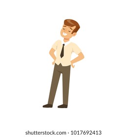 Smiling boy character in school uniform standing with hands on hip vector Illustration