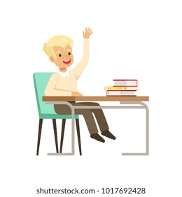 Smiling boy character in school uniform sitting at the desk with textbooks and raising his hand vector Illustration