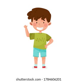 Smiling Boy Character in Shorts Greeting Waving Hand and Saying Hi Vector Illustration