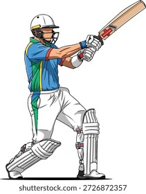 A smiling boy character in a vector cartoon illustration wears a baseball uniform and cap while hitting a ball with a bat as a ready player