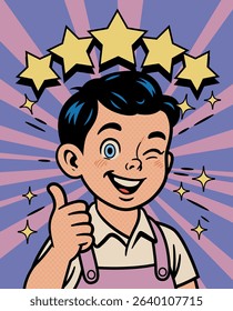 Smiling boy character winking and giving thumbs up with five stars