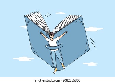 Smiling boy child flying on book explore new world reading literature. Happy kid discover horizons with fairytales or novels. Booklover, education and self-development concept. Vector illustration. 