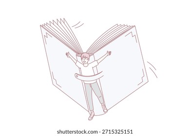 Garoto sorridente voando no livro explore o novo mundo lendo literatura. Criança feliz descobrir horizontes com contos de fadas ou romances. Conceito de "booklover", educação e autodesenvolvimento. Ilustração vetorial.