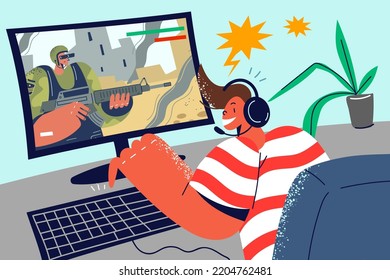 Smiling boy child in headphones playing fighting game on PC at home. Kid have fun engaged in video game on computer. Entertainment. Vector illustration. 