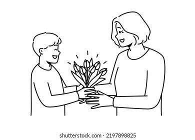 Smiling Boy Child Present Flowers To Mature Grandmother. Happy Kid Give Floral Bouquet To Elderly Granny On Special Occasion. Vector Illustration. 