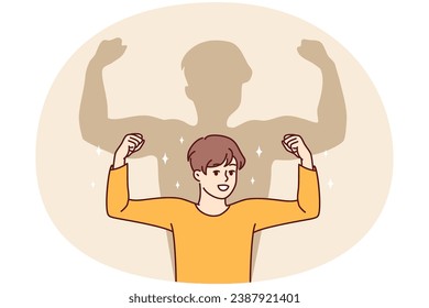 Smiling boy child show muscles dream of becoming big and strong. Happy kid imagine himself feeling strong and powerful. Vector illustration.