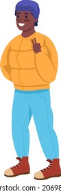 Smiling boy in coat semi flat color vector character. Waving figure. Full body person on white. Winter season isolated modern cartoon style illustration for graphic design and animation