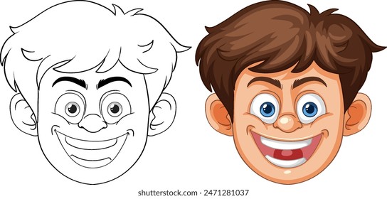 Smiling boy in color and outline