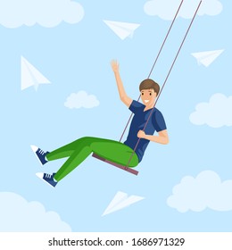 Smiling boy in comfortable clothes sitting on a swing among the sky, clouds and paper planes flat illustration. Boy having fun and chilling outdoor in nature. Summer day, weekends vector concept.