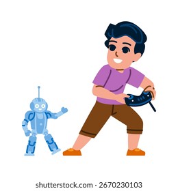 Garoto sorridente controlando um brinquedo robô com um controle remoto, desfrutando de tempo de jogo e explorando o mundo da robótica e da tecnologia, promovendo educação de tronco e conceitos futuristas