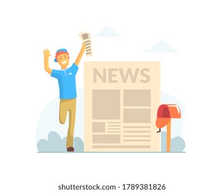 Smiling Boy Courier Delivering Newspapers to Mailbox Vector Illustration