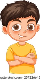 Smiling boy with crossed arms, cartoon style