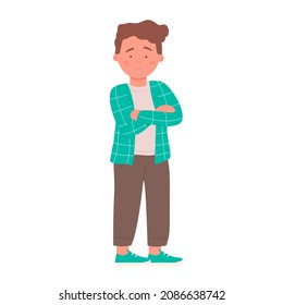 Smiling boy crossing arms across the chest in standing pose. Waiting young child with folded hands