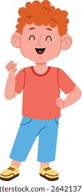 A smiling boy with curly hair stands confidently in casual clothes. The child exudes happiness and charm with an animated expression. Cartoon vector illustration.