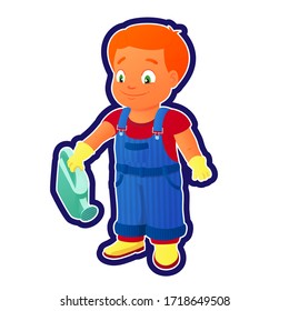 Smiling boy dressed in a shirt, denim overall, watertight boots and gloves holds a watering can in the right hand. Concept of a child helping out with the work around the house or in the garden.