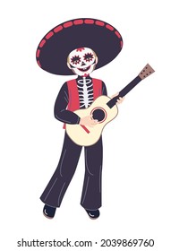 Smiling boy dressed in skeleton mexican costume isolated on white.  Skeleton character in  costume for Day of the Dead dancing and playing the guitar. Vector illustration in flat cartoon style.