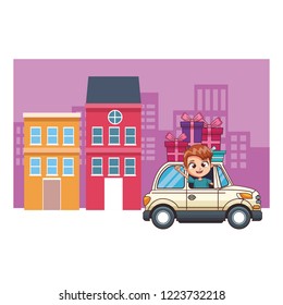 smiling boy driving car