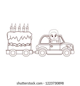 smiling boy driving car black and white