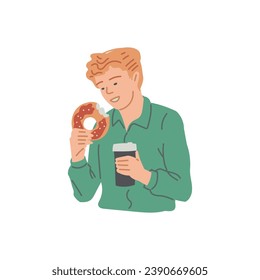 Smiling boy eating donut and drinking coffee to go flat style, vector illustration isolated on white background. Decorative design element, young man snack, food and drink