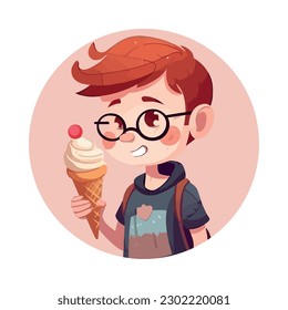 Smiling boy eating ice cream, pure happiness icon isolated