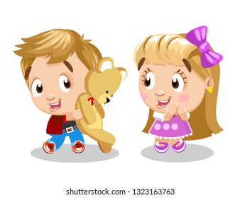 Smiling boy embarrassed gives present teddy bear to the beautiful girl in pink dress with bow. Concept of first love, woman`s day. Cartoon illustration, isolated on white background.