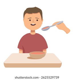 Smiling boy enjoying a healthy meal, eagerly opening his mouth as a caregiver offers a spoonful of soup