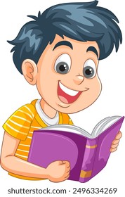 Smiling boy enjoying a purple book