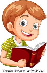 Smiling boy enjoying a red book