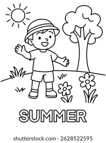 Smiling boy enjoying sunny weather and nature, with SUMMER label for seasonal learning, designed as an engaging black and white coloring page