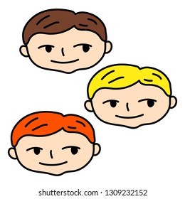 Smiling boy face with blonde, brown and red hair. Doodle boy head vector illustration on white background. Kids with diverse hair color. Smiling child face. Children toys or education handdrawn icon