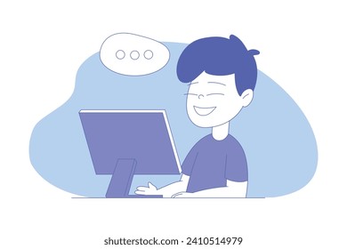 Sonriente niño de primer grado sentado en el escritorio frente a la computadora con una ilustración en línea. Ilustración