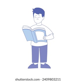 Smiling Boy First Grader Standing with Open Book Vector Illustration
