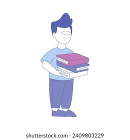 Smiling Boy First Grader Standing Holding Books Vector Illustration