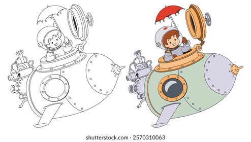 Smiling boy flies in an unusual funny rocket. Funny people. Illustration concept template for website, web landing page, banner, presentation, social, poster, promotion or print media.