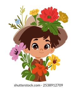 Smiling boy with a flower bouquet and a hat, soft and cozy colors, simple cartoon style