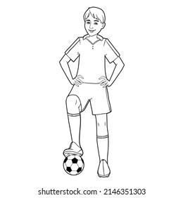Smiling boy with a football, vector outline illustration for coloring