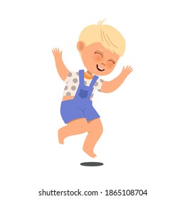 Smiling Boy with Freckles and Blonde Hair Jumping with Joy and Excitement Vector Illustration