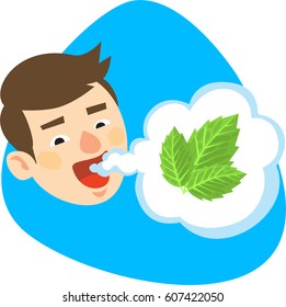 Smiling Boy With Fresh Mint Mouth Breath. Isolated. On Blue Background.