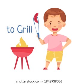 Smiling Boy Frying Sausage on Barbecue Grill Vector Illustration