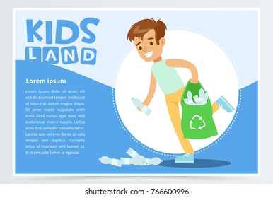 Smiling boy gathering plastic waste for recycling, kids land banner flat vector element for website or mobile app