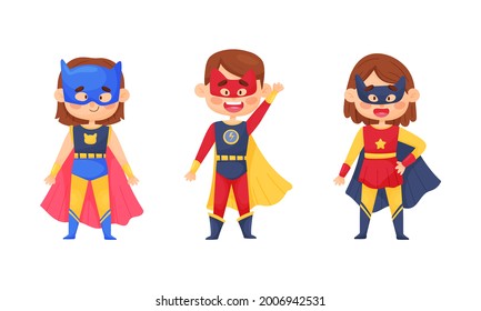 Smiling Boy and Girl Character in Superhero Costume and Cloak Standing Ready to Save the World Vector Illustrations Set