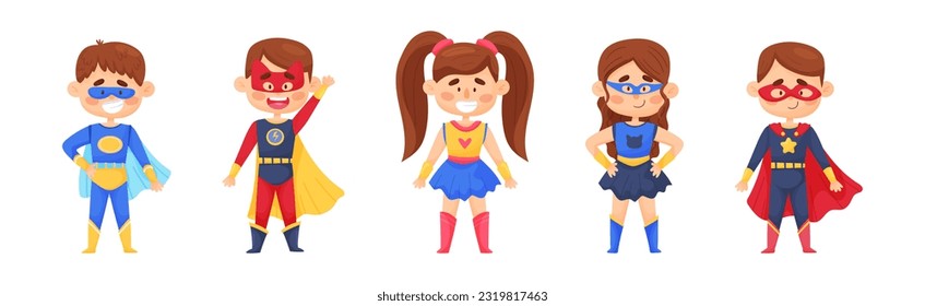 Smiling Boy and Girl Character in Superhero Costume and Cloak Standing Ready to Save the World Vector Illustration Set